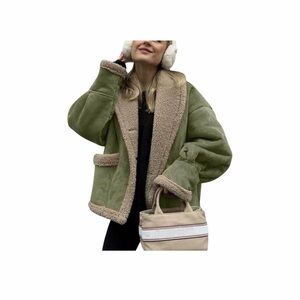 Oversized Sherpa Lined Leather Jacket Faux Suede Fleece Shearling Coat winter